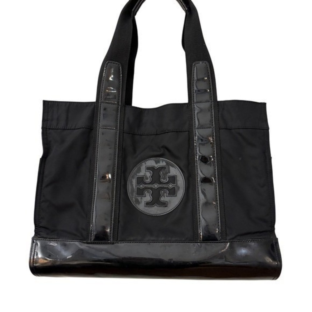 Tory Burch Black Nylon Patent Leather Trim Lightweight Everyday Tote Bag
